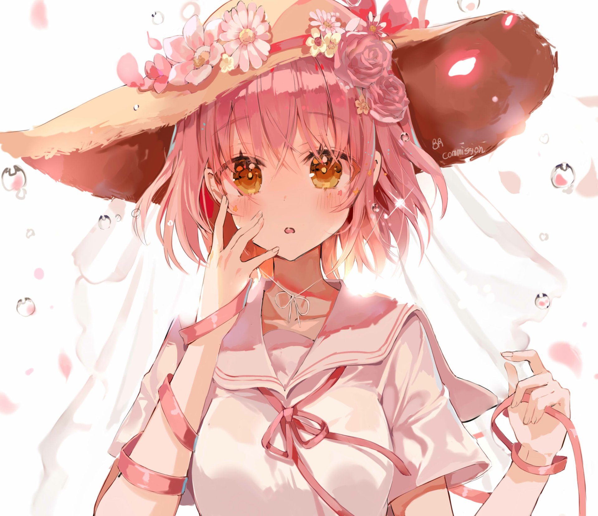Anime girl with pink short hair, yellow eyes, and a blush, wearing a flower-adorned hat, blowing a bubble; vibrant HD desktop wallpaper background.