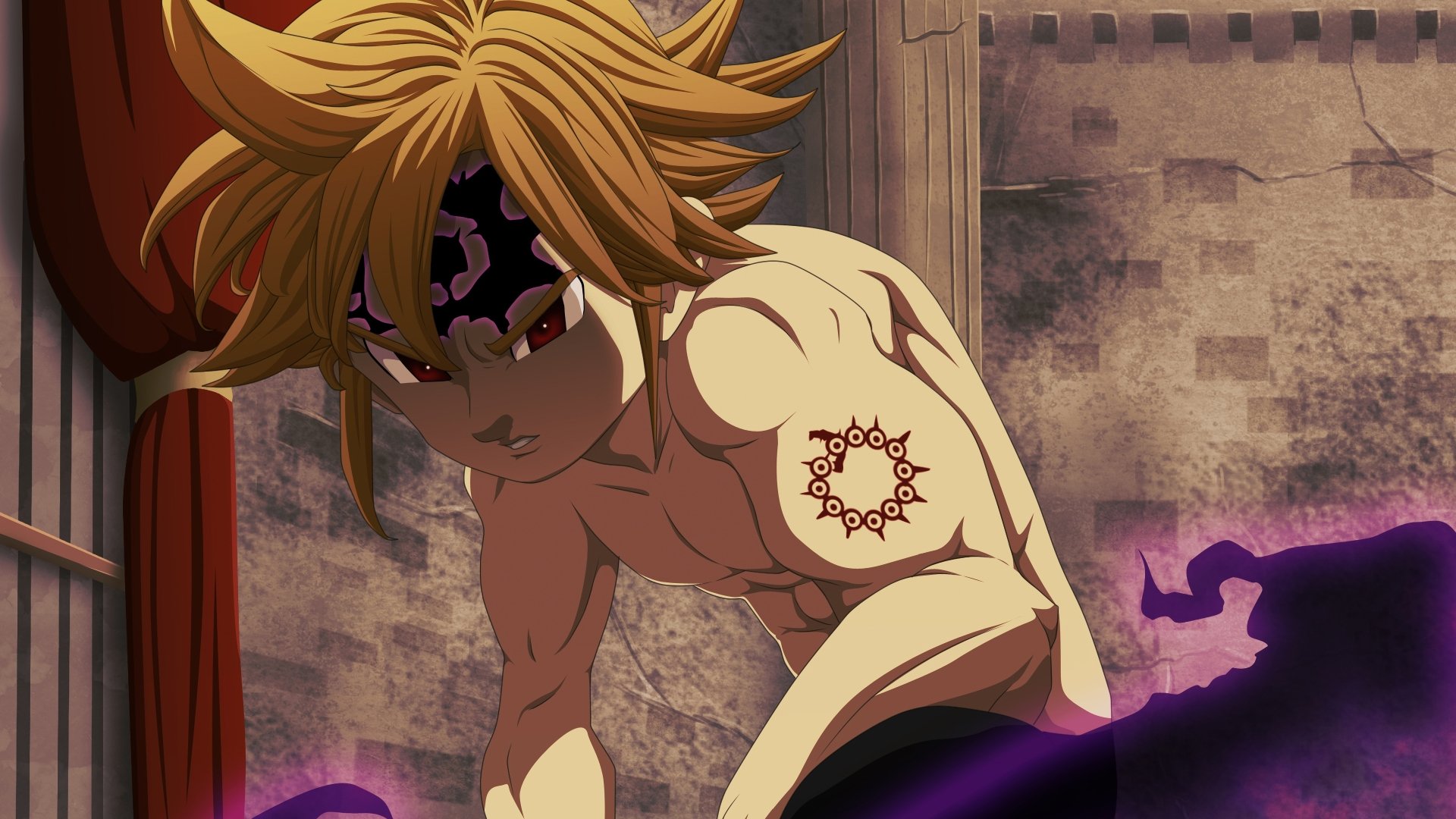 4K Ultra HD anime wallpaper of Meliodas from The Seven Deadly Sins, featuring him with dark markings and a determined expression against a rustic background.