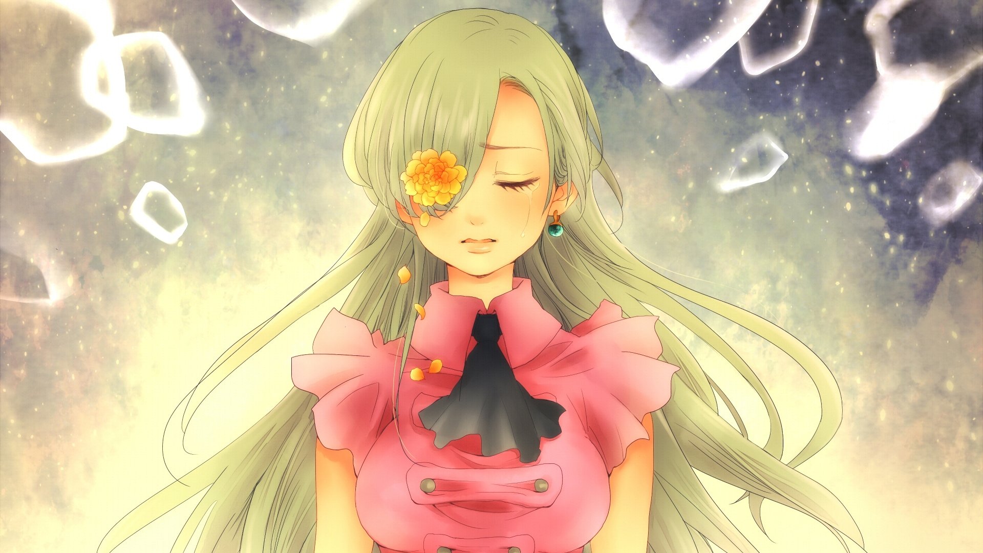 Anime character Elizabeth Liones from The Seven Deadly Sins, with grey hair, a flower and earrings, is crying with tears streaming down her face. She wears a pink outfit, making a serene HD desktop wallpaper.