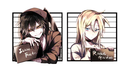 HD wallpaper featuring anime characters Zack (Isaac Foster) and Rachel Gardner from Angels of Death (Satsuriku no Tenshi), depicted in a mugshot style with their names displayed on placards.