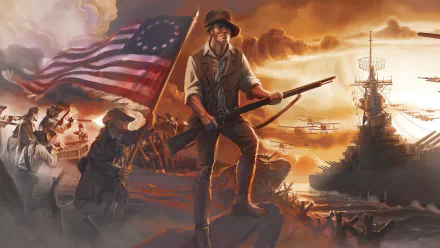 HD PC desktop wallpaper/background: American-themed Fallout 4 video game art — a Revolutionary-style soldier with musket and Betsy Ross flag, Minutemen and warships at sunset.