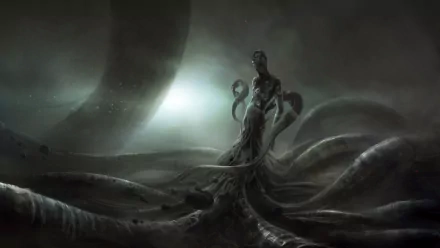 Dark, ominous desktop wallpaper featuring an H.P. Lovecraft-inspired creature with multiple tentacles, enveloped in a misty, shadowy atmosphere.