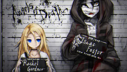 HD desktop wallpaper featuring Rachel Gardner and Zack (Isaac Foster) from the anime Angels of Death (Satsuriku no Tenshi). Both characters hold name placards against a grungy, lined background.