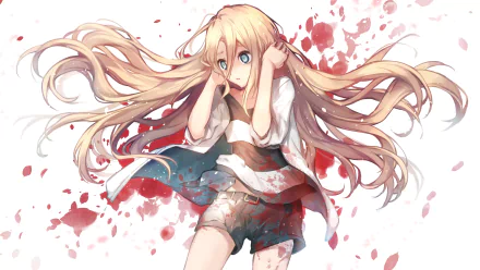 Anime-style 4K Ultra HD wallpaper featuring Rachel Gardner from Angels of Death with long flowing hair and a blood-splattered background.