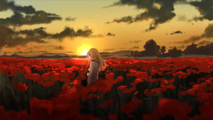 HD desktop wallpaper featuring Rachel Gardner from the anime Satsuriku no Tenshi (Angels of Death), standing in a vast field of red flowers at sunset.