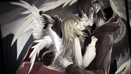 HD anime wallpaper of Angels of Death featuring characters Rachel Gardner and Zack in an intense scene. Rachel holds a knife while Zack’s protective stance with wings creates a dark, gripping atmosphere.