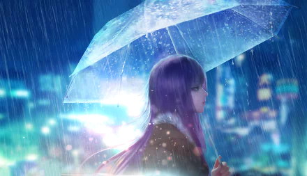 Anime-style HD desktop wallpaper of a person with purple hair holding a transparent umbrella in rain, set against a vibrant city night background.