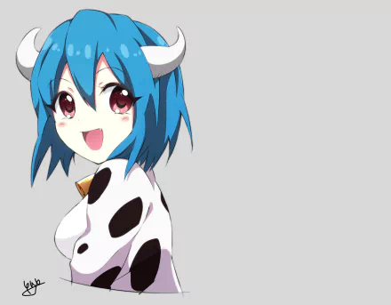 Minos (Jashin-chan Dropkick), blue‑haired horned anime girl in a cow‑print outfit on a gray background — 4K Ultra HD PC desktop wallpaper and background