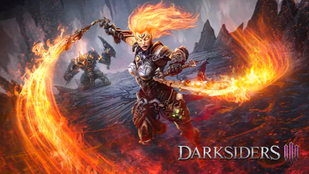 4K Ultra HD wallpaper featuring Fury unleashing fiery attacks with Wrath in the background, from the video game Darksiders III.