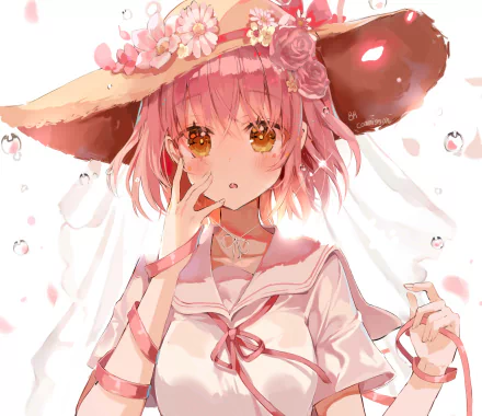Anime girl with pink short hair, yellow eyes, and a blush, wearing a flower-adorned hat, blowing a bubble; vibrant HD desktop wallpaper background.