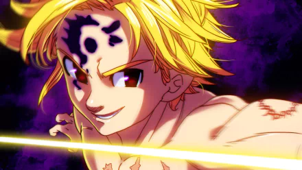 4K Ultra HD anime wallpaper featuring Meliodas from The Seven Deadly Sins with intense expression and glowing sword against a dark purple background.