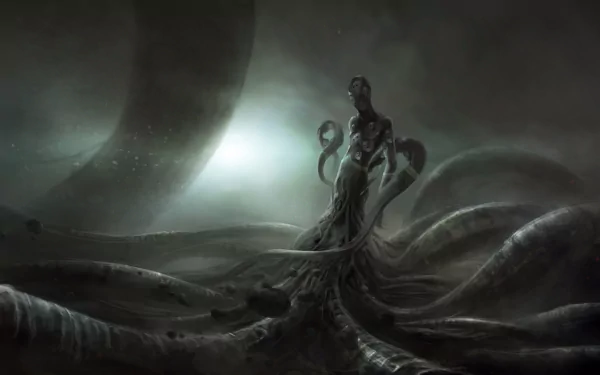 Dark, ominous desktop wallpaper featuring an H.P. Lovecraft-inspired creature with multiple tentacles, enveloped in a misty, shadowy atmosphere.