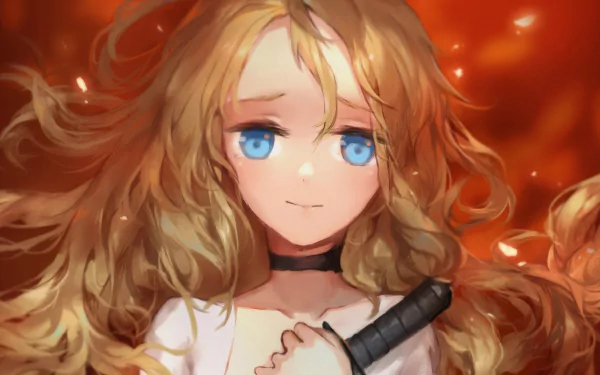 Angels of Death — Rachel Gardner (anime) close-up: flowing blonde hair, bright blue eyes, choker and hands on a dark handle against a fiery backdrop; 4K Ultra HD PC desktop wallpaper/background.