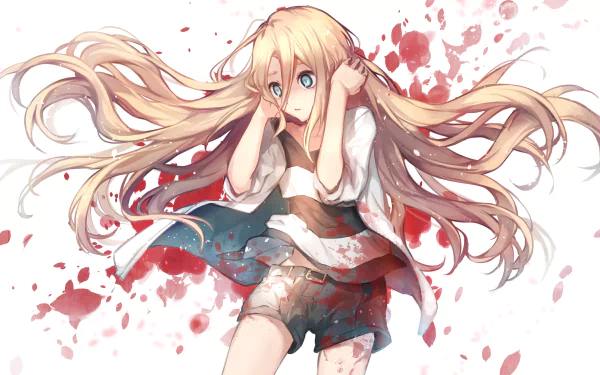 Anime-style 4K Ultra HD wallpaper featuring Rachel Gardner from Angels of Death with long flowing hair and a blood-splattered background.