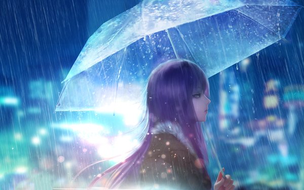 Anime Original Purple Hair Rain Umbrella HD Wallpaper | Background Image