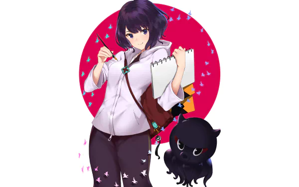 4K Ultra HD anime wallpaper featuring Katsushika Hokusai from Fate/Grand Order, displaying her holding a sketchpad with a small black octopus companion against a red circular background.