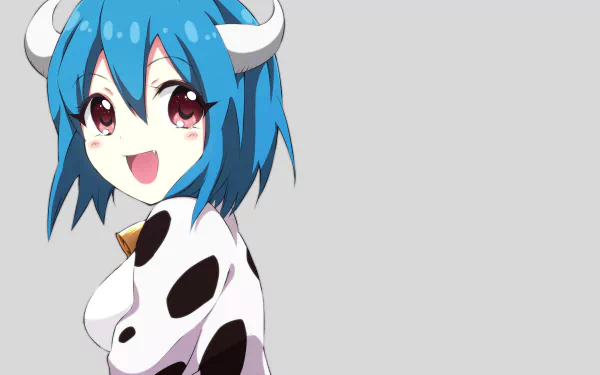 Minos (Jashin-chan Dropkick), blue‑haired horned anime girl in a cow‑print outfit on a gray background — 4K Ultra HD PC desktop wallpaper and background