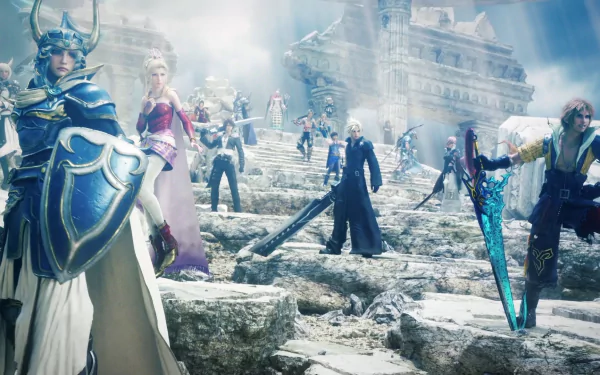 HD PC desktop wallpaper of the video game Dissidia Final Fantasy NT: Noctis Lucis Caelum, Lightning and Cloud Strife among warriors on crumbling stone steps before a towering citadel.