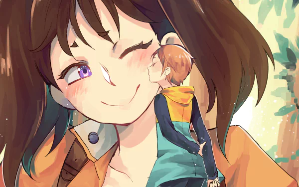 Diane and King from The Seven Deadly Sins share a tender kiss, with Diane’s purple eyes and blush highlighting the warm, anime-style 4K Ultra HD wallpaper.