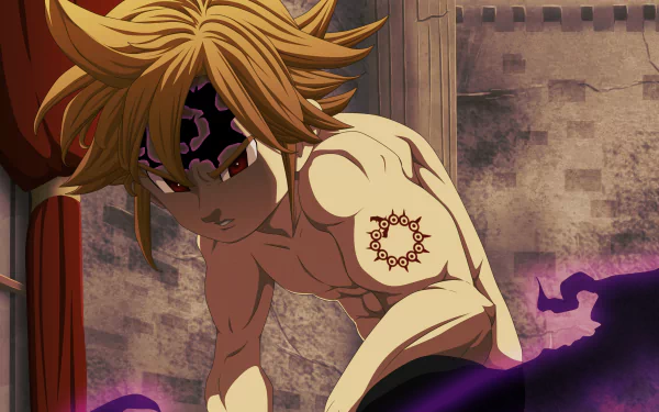 4K Ultra HD anime wallpaper of Meliodas from The Seven Deadly Sins, featuring him with dark markings and a determined expression against a rustic background.