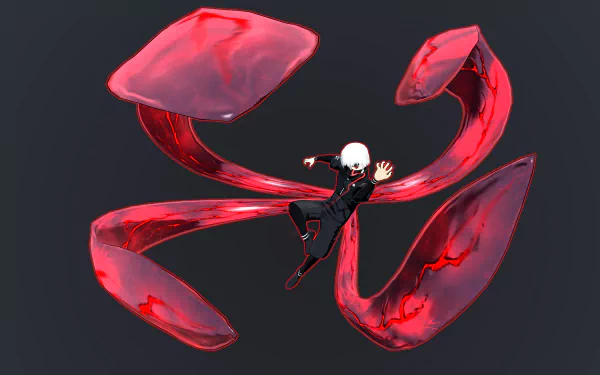 4K Ultra HD PC wallpaper of Ken Kaneki/Haise Sasaki from the video game Tokyo Ghoul:re Call to Exist, white‑haired figure suspended amid swirling crimson kagune blades on a dark background.