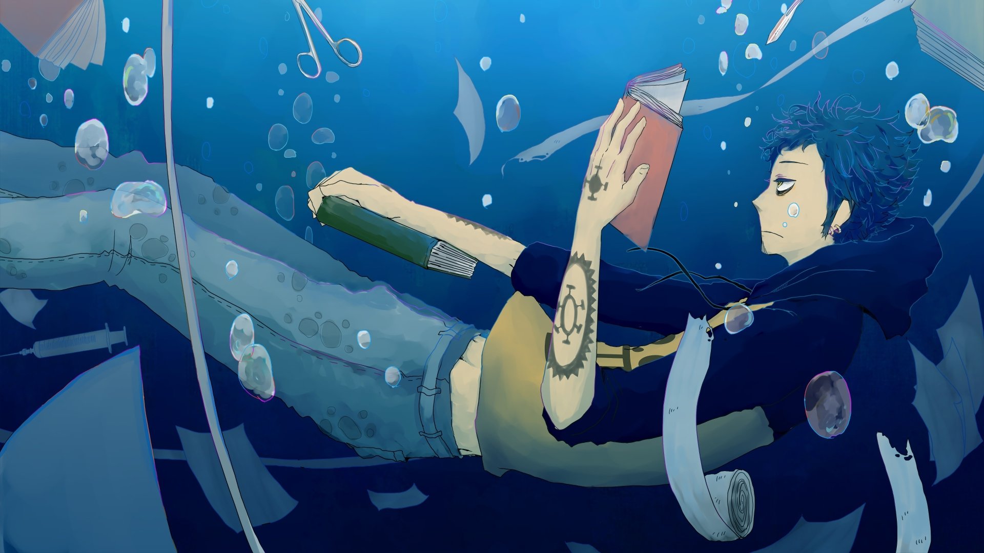 4K Ultra HD PC wallpaper of Trafalgar Law (One Piece) drifting underwater, reading a book amid bubbles, ropes and his sword, moody blue tones.