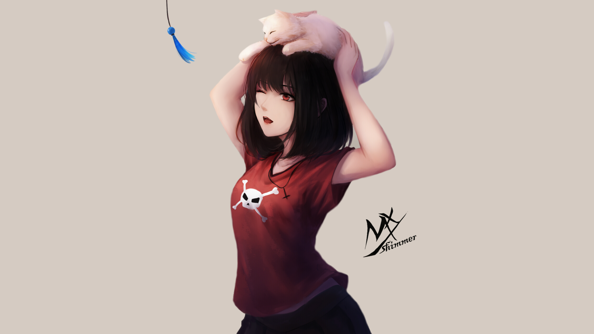 Anime girl with red eyes and short black hair holds a white cat on her head. She wears a red shirt with a skull print. HD desktop wallpaper.