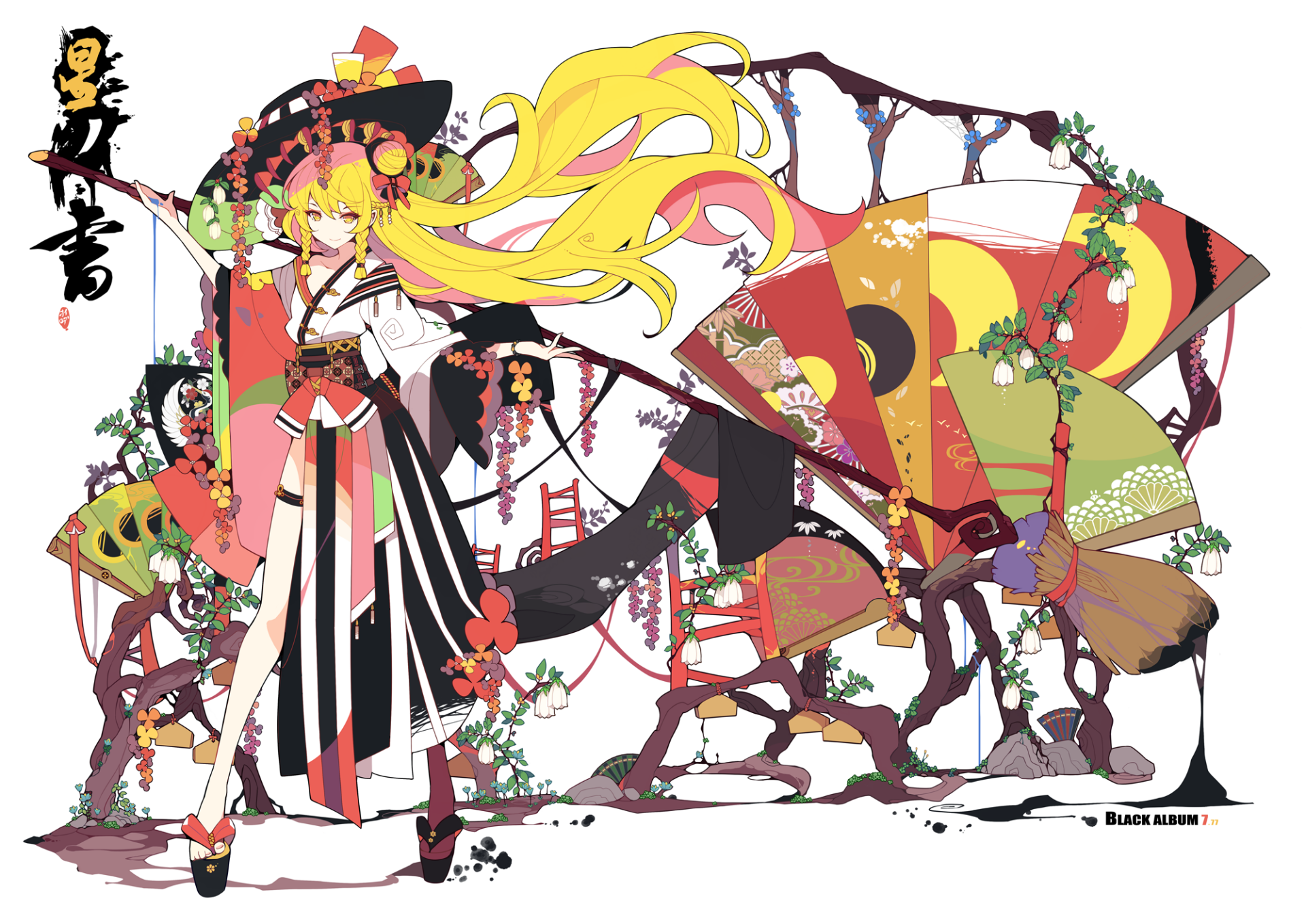 HD anime desktop wallpaper featuring Marisa Kirisame from Touhou, showcasing vibrant colors and intricate fans entwined with vines against a white background.