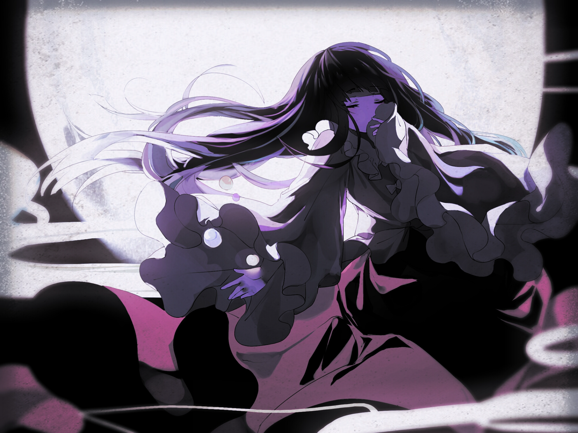 Kaguya Houraisan from Touhou stands with flowing hair and robes against a glowing moon, depicted in an HD anime-style PC desktop wallpaper.