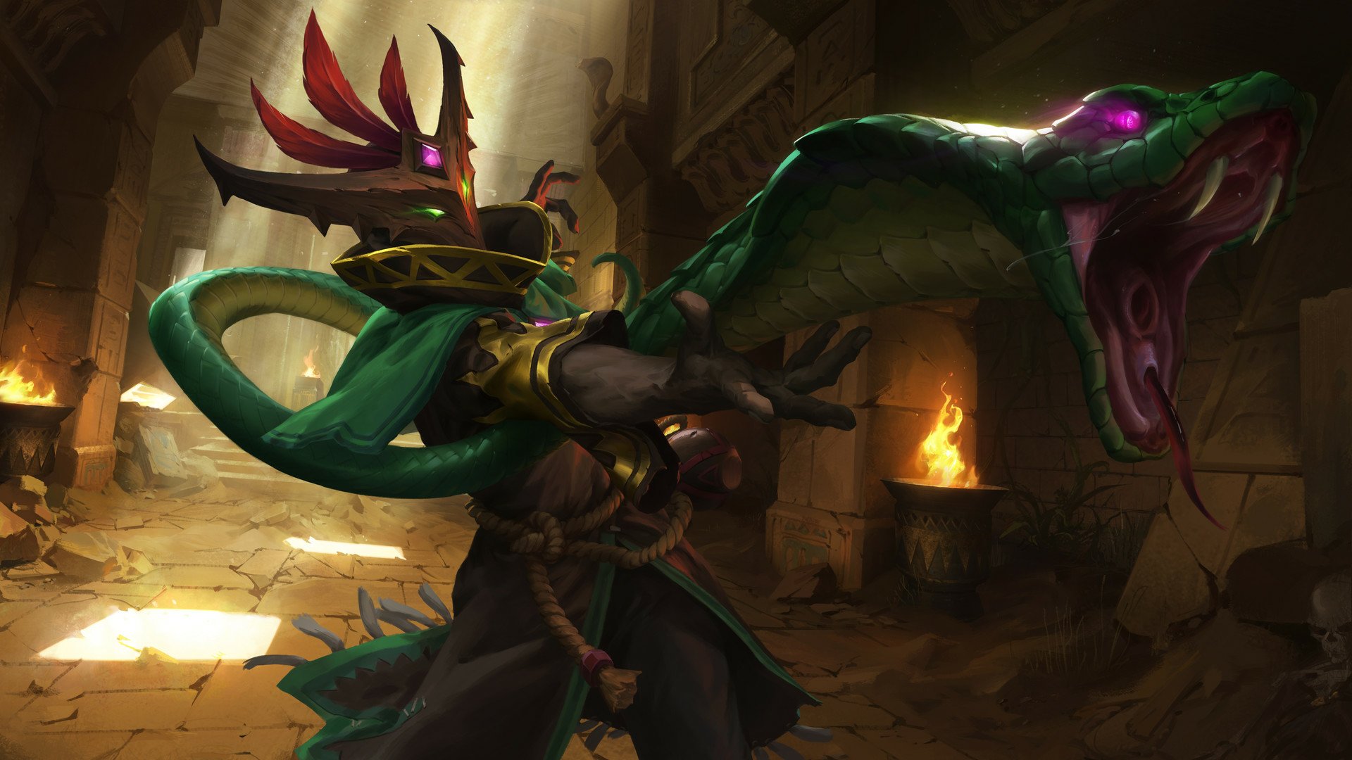 HD desktop wallpaper featuring Mal'Damba, the snake-wielding witch doctor from the video game Paladins, set in a dimly lit ancient temple.