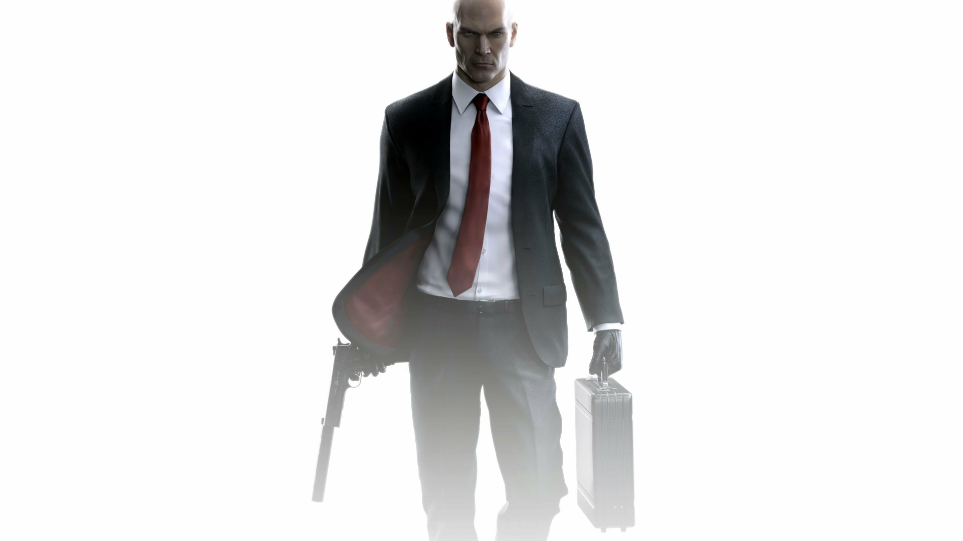 Agent 47 from Hitman (2016) in a black suit and red tie, holding a briefcase and pistol against a white gradient — 8K Ultra HD PC desktop wallpaper.