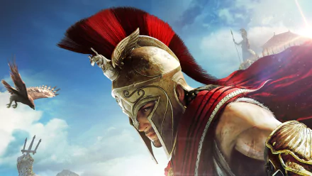 4K Ultra HD PC wallpaper featuring Alexios from Assassin's Creed Odyssey, showcasing the iconic Spartan warrior in detailed armor against a dramatic sky backdrop.