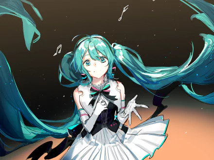 Hatsune Miku, Vocaloid anime 2K Quad HD PC wallpaper: teal twin‑tails flowing, wide‑eyed Miku in a white dress, hand to chest, floating music notes against a dark gradient background.