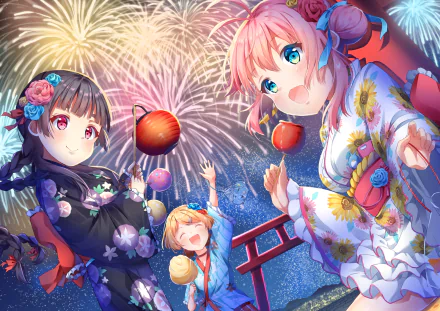 HD anime original artwork featuring three characters in traditional attire celebrating with fireworks in the night sky, designed as a vibrant PC desktop wallpaper.