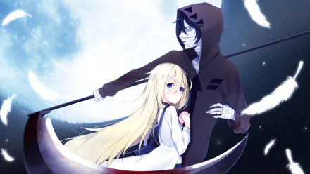 HD wallpaper featuring Zack and Rachel Gardner from the anime Satsuriku no Tenshi (Angels of Death), standing together against a moonlit backdrop with feathers floating around.