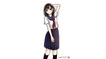 Anime girl in a school uniform with a white blouse, navy skirt, and red necktie, portrayed in HD quality as a desktop wallpaper background.