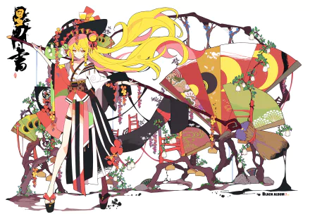 HD anime desktop wallpaper featuring Marisa Kirisame from Touhou, showcasing vibrant colors and intricate fans entwined with vines against a white background.