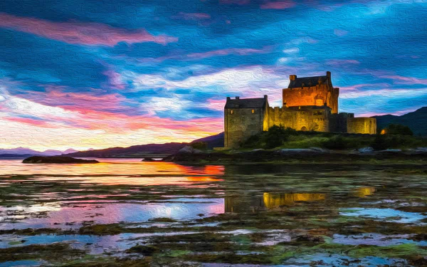 A stunning 4K Ultra HD image of Eilean Donan Castle, a man-made fortress beside a tranquil lake under a vibrant, colorful sky at dusk.