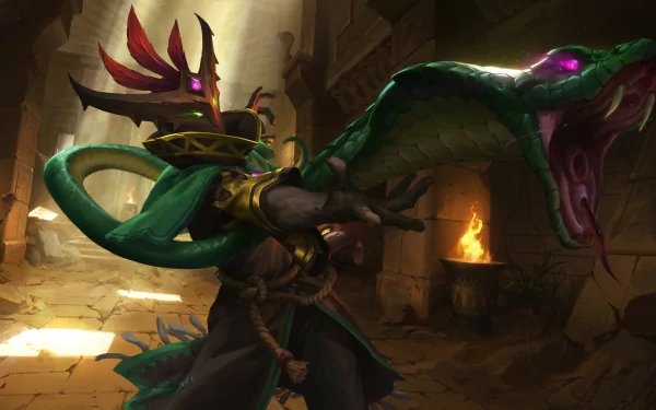 HD desktop wallpaper featuring Mal'Damba, the snake-wielding witch doctor from the video game Paladins, set in a dimly lit ancient temple.