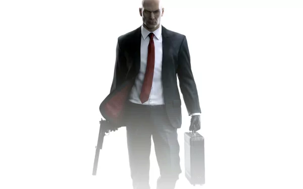 Agent 47 from Hitman (2016) in a black suit and red tie, holding a briefcase and pistol against a white gradient — 8K Ultra HD PC desktop wallpaper.
