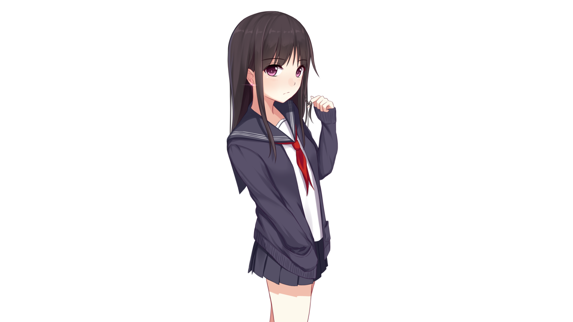 Anime-style original HD desktop wallpaper featuring a girl in a dark school uniform with a red tie, set against a plain white background.