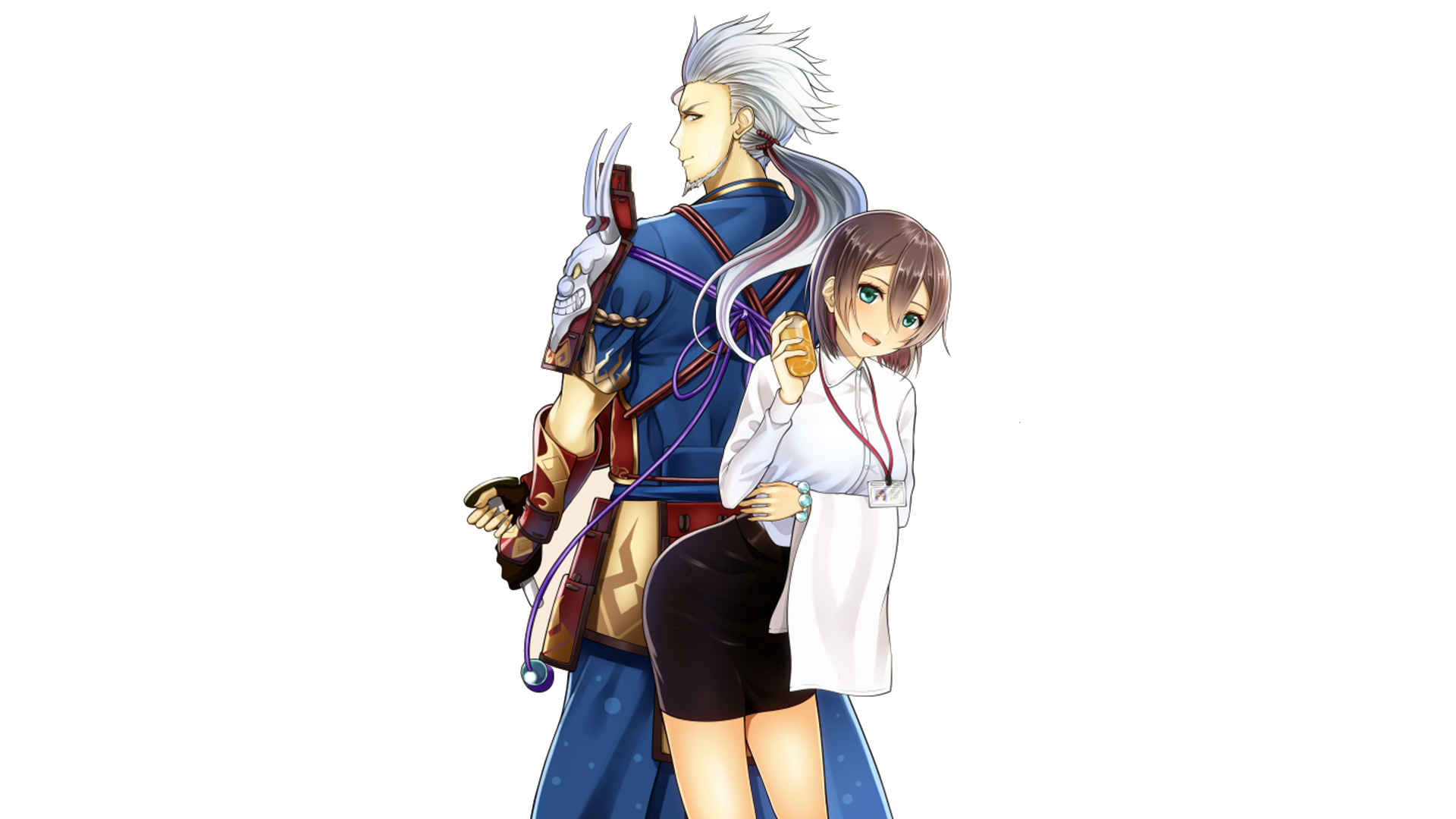 HD anime-style desktop wallpaper featuring an original character with short hair standing back-to-back with a white-haired warrior in detailed attire.
