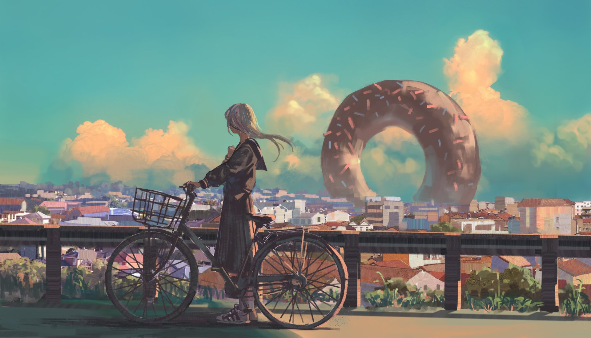 Anime-style 4K Ultra HD wallpaper featuring a long-haired, grey-haired figure with a bike overlooking a cityscape, with a giant donut-shaped structure in the background.