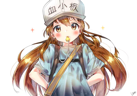 HD anime desktop wallpaper featuring Platelet from Hataraku Saibou (Cells at Work!) with sparkling effects and vibrant colors.