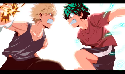 HD PC desktop wallpaper featuring Katsuki Bakugou and Izuku Midoriya from the anime My Hero Academia in an intense face-off pose.