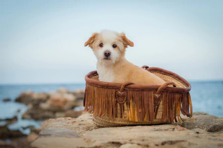 A Norfolk terrier puppy with a focused stare sits inside a fringe basket on a rocky shore, captured with a soft depth of field in this HD desktop wallpaper.