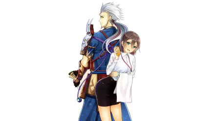 HD anime-style desktop wallpaper featuring an original character with short hair standing back-to-back with a white-haired warrior in detailed attire.