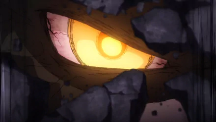 Close-up of Momoshiki Ōtsutsuki’s glowing eye breaking through rubble, an intense HD anime wallpaper from Boruto and Naruto series.