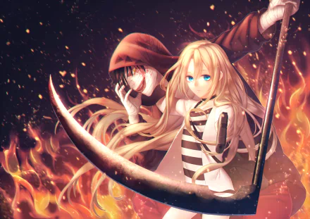 This HD desktop wallpaper features Rachel Gardner and Zack from the anime Angels of Death (Satsuriku no Tenshi) standing amidst vivid flames, with Zack wielding a scythe.