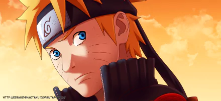 Close-up of Naruto Uzumaki (anime) wearing his Konoha headband, looking over his shoulder against an orange sky — 2K Quad HD PC desktop wallpaper and background.